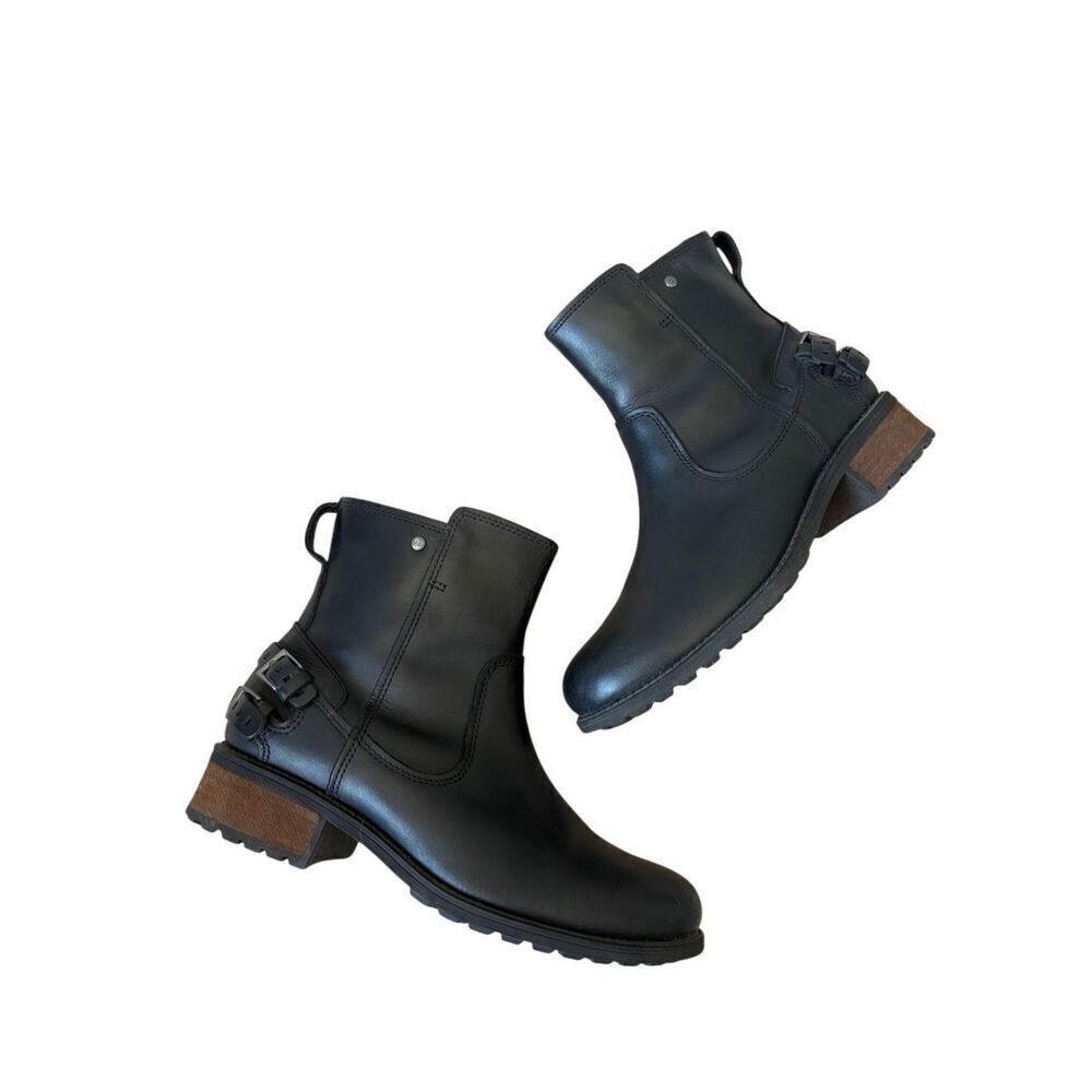 Ugg Womens Orion Biker Boots Size 7 Black Leather Wool Lining Buckles Ankle